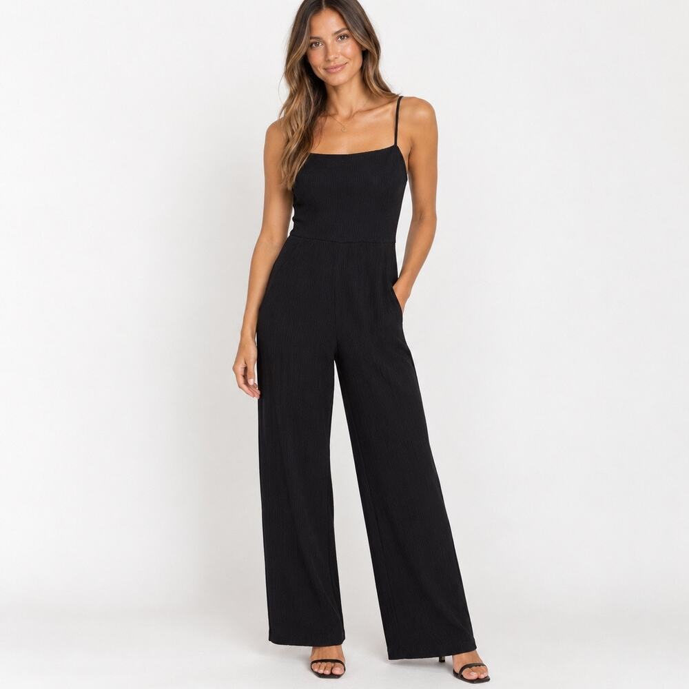 Reformation Jeans Black Wide Leg Jumpsuit Women XS Tencel Spaghetti Strap